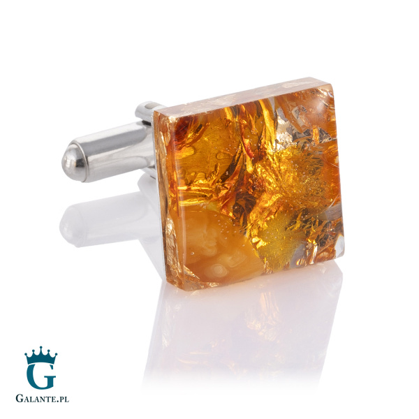 Srebrne spinki do mankietów z bursztynem i złotymi płatkami SMB-002