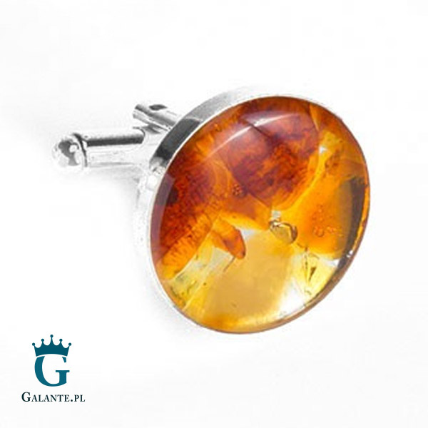 Srebrne, okrągłe spinki do mankietów z bursztynem SMB-007