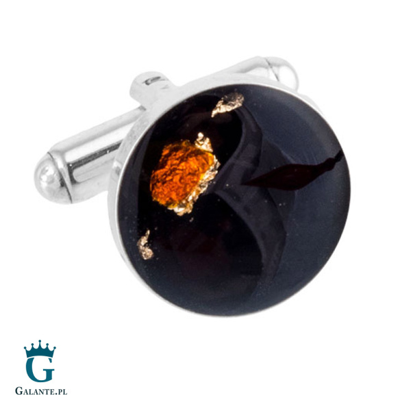 Srebrne spinki do mankietów z węglem i bursztynem SMW-021