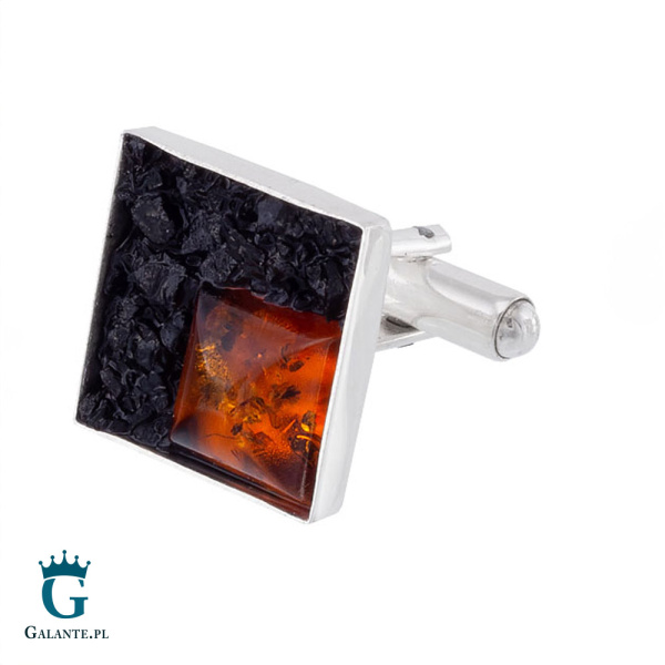 Srebrne spinki do mankietów Bursztyn i Bryłki Węgla SMW-024