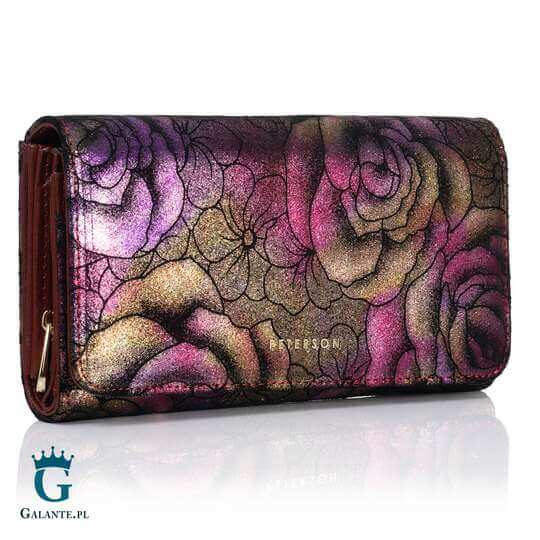 Skórzany Portfel Organizer Damski Kwiaty PETERSON 421077 – fioletowy