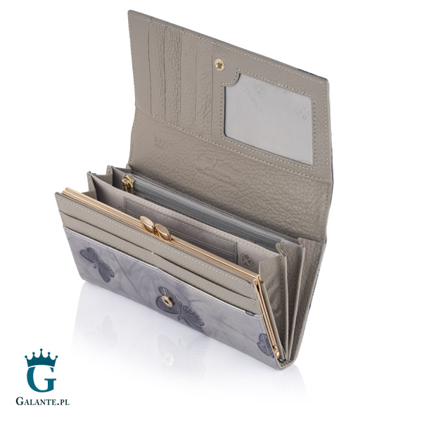 Duży Skórzany Portfel Damski Srebrne Motyle PETERSON