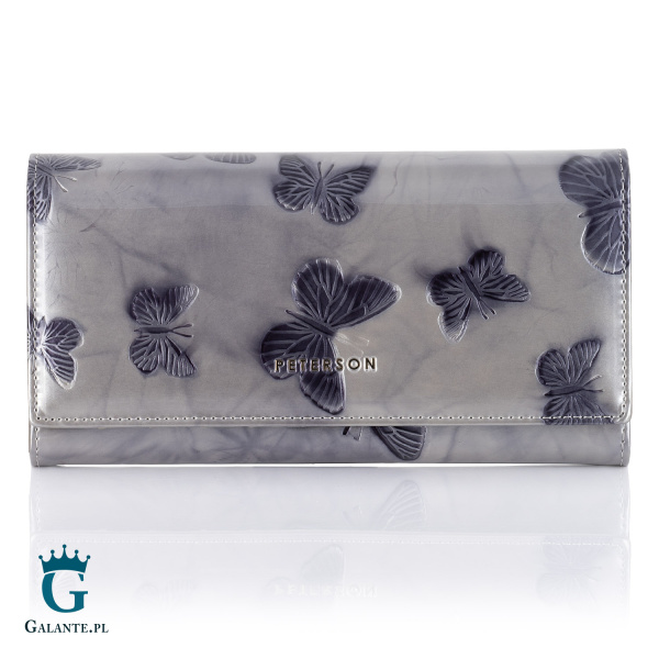 Duży Skórzany Portfel Damski Srebrne Motyle PETERSON