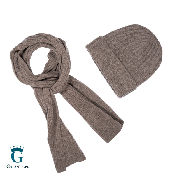 Zestaw brązowa wełniana czapka i szal męski SLWA-006