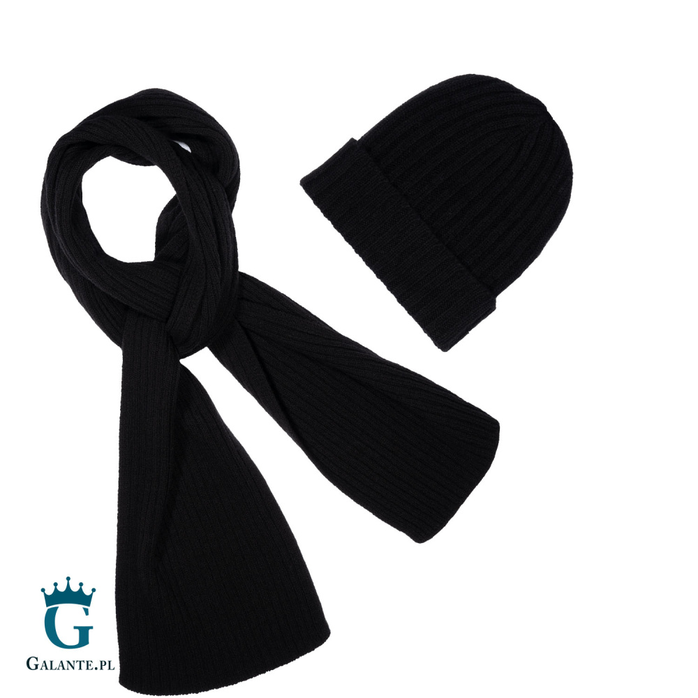 Zestaw czarna wełniana czapka + szal męski SLWA-002