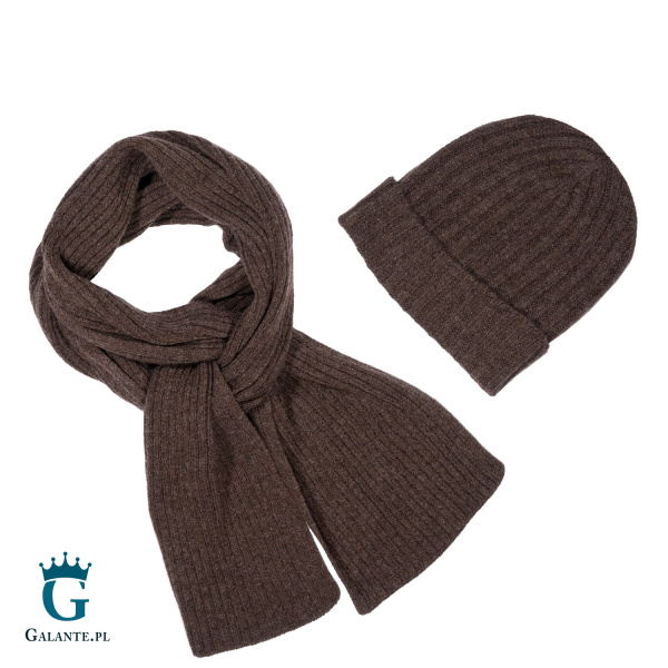 Zestaw brązowa wełniana czapka + szal męski SLWA-003