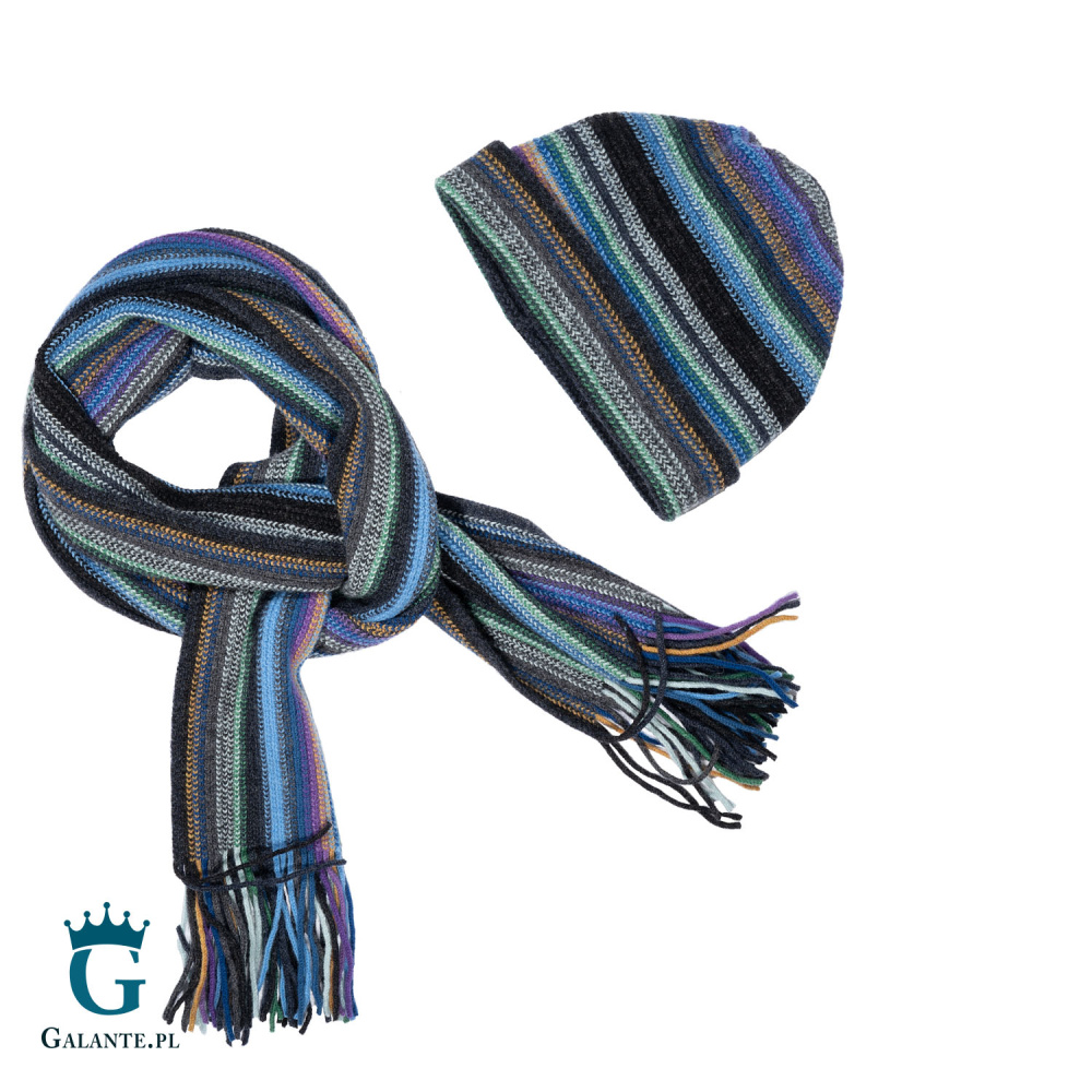 Zestaw granatowa czapka męska + szal z wełny owczej SLW-019