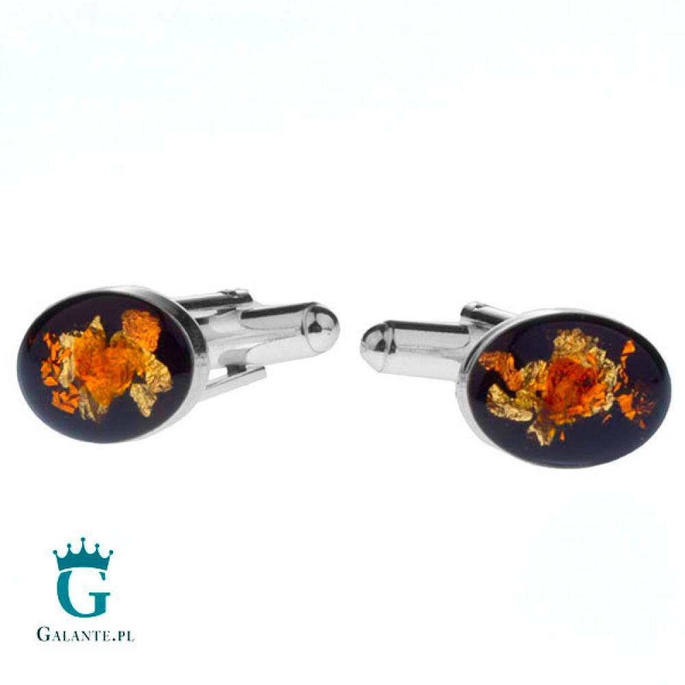 Srebrne spinki do mankietów z węglem i bursztynem SMW-013