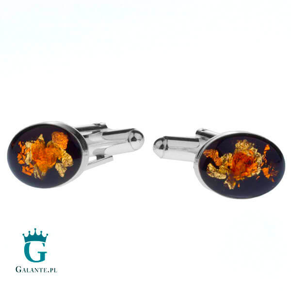 Srebrne spinki do mankietów z węglem i bursztynem SMW-013