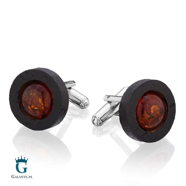 Okrągłe Spinki do Mankietów “Polski Las” Woskowane na czarno SMD-005 z Bursztynem