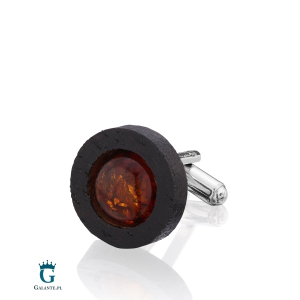 Okrągłe Spinki do Mankietów “Polski Las” Woskowane na czarno SMD-005 z Bursztynem