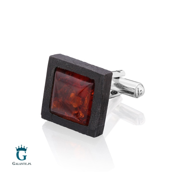 Srebrne Spinki do Mankietów z Czarnym Drewnem i Bursztynem SMD-004