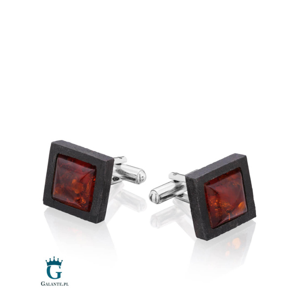 Srebrne Spinki do Mankietów z Czarnym Drewnem i Bursztynem SMD-004