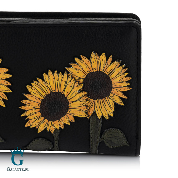 Czarny skórzany portfel damski Słoneczniki Yoshi