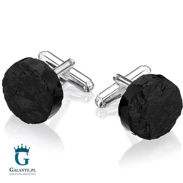 Srebrne spinki do mankietów Okrągła Bryłka Węgla SMW-001