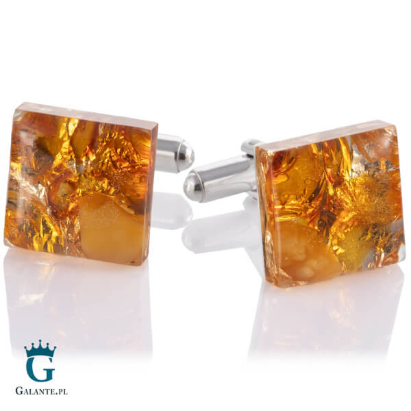 Srebrne spinki do mankietów z bursztynem i złotymi płatkami SMB-002