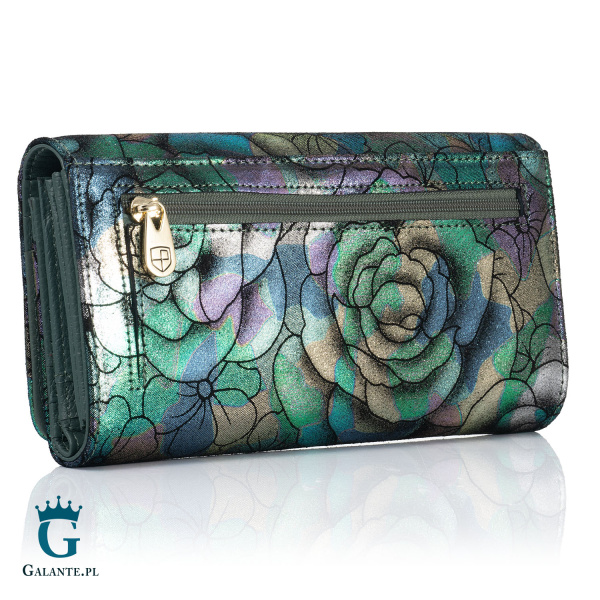 Skórzany Portfel Organizer Damski Kwiaty PETERSON zielony
