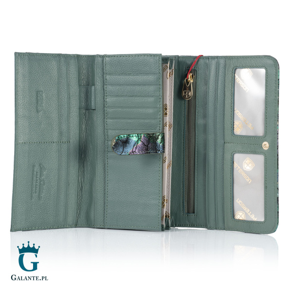 Skórzany Portfel Organizer Damski Kwiaty PETERSON zielony