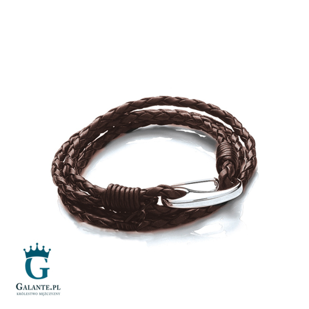 Brązowa bransoletka męska pleciona ze skóry naturalnej T758-2