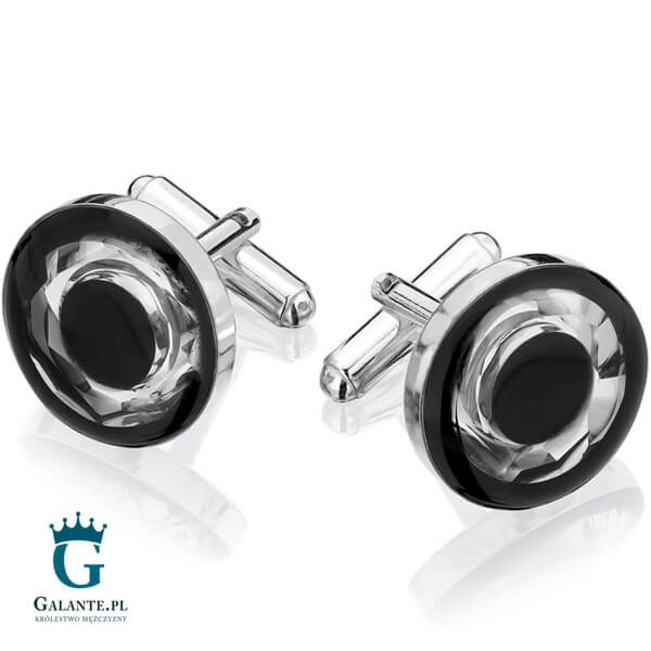 Srebrne spinki do mankietów z węglem i kryształem Swarovskiego SMW-010