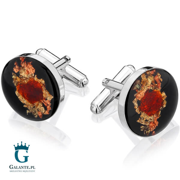 Srebrne spinki do mankietów Węgiel i Bursztyn w Żywicy SMW-011