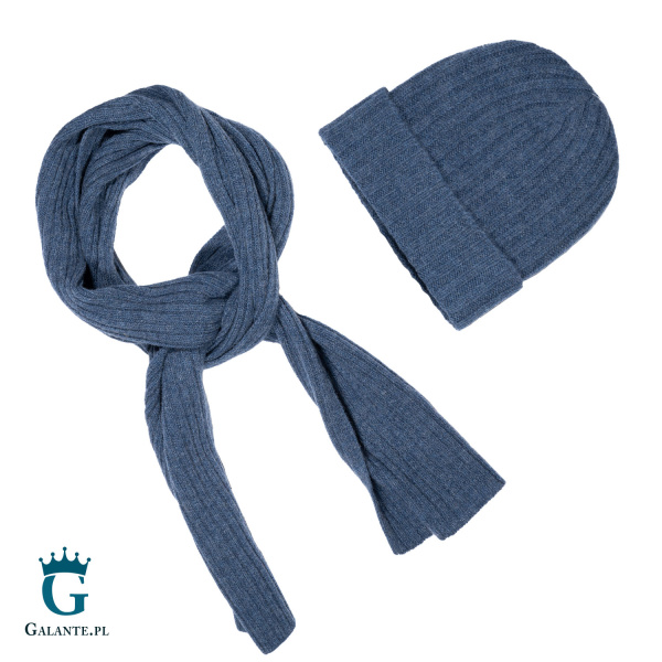 Zestaw granatowa wełniana czapka + szal męski SLWA-005