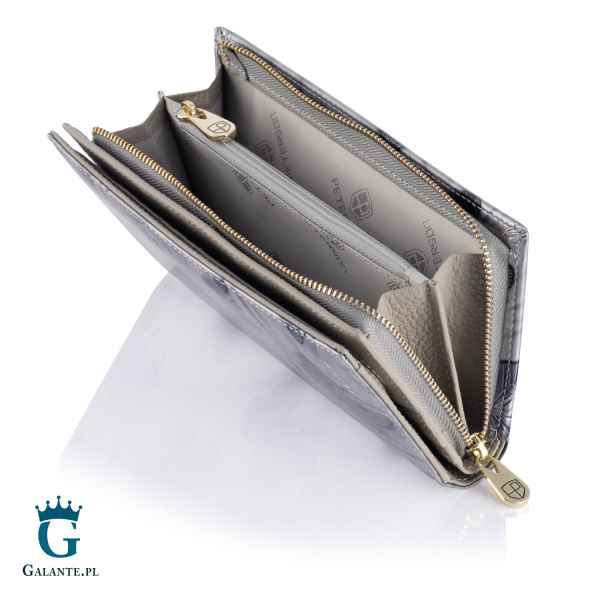 Pionowy Skórzany Portfel Damski Srebrne Motyle PETERSON