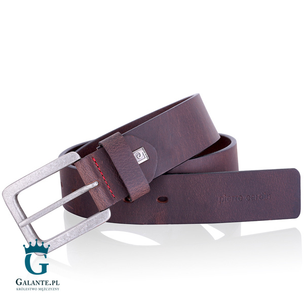 Skórzany pasek męski Pierre Cardin do jeansów 70091 – Brązowy ciemny