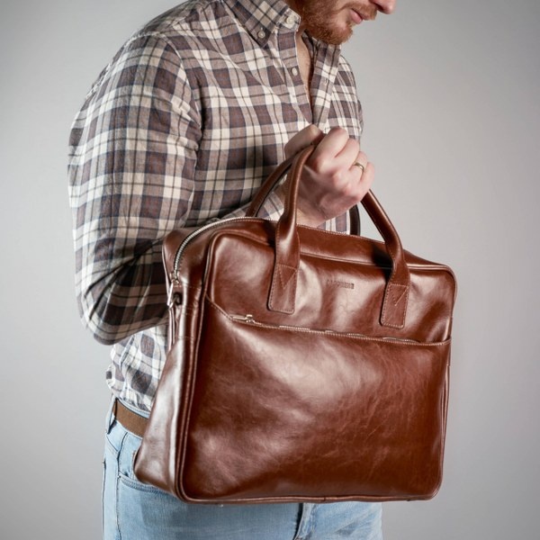 Torba na laptop ze skóry licowej Brodrene R12 jasny brąz