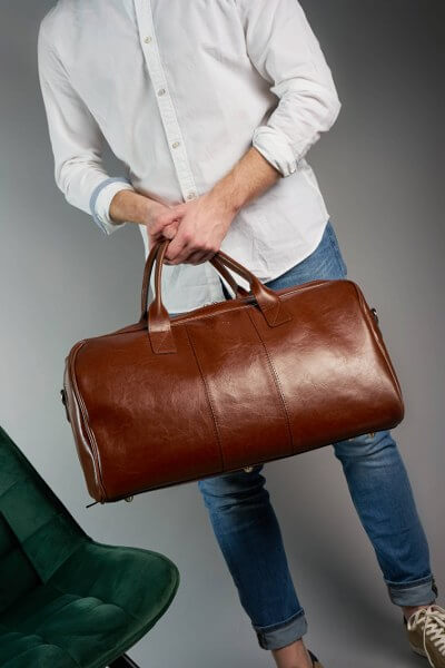 5996-COGNAC_07 Torba podróżna ze skóry naturalnej Brodrene jasny brąz