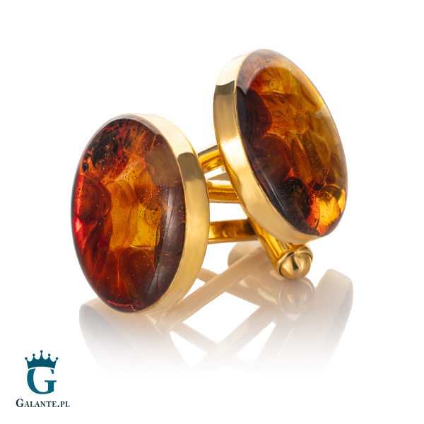 Pozłacane okrągłe spinki do mankietów z bursztynem SMB-007Z