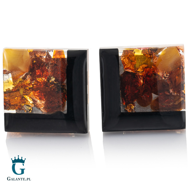 Duże srebrne spinki do mankietów Węgiel i Bursztyn SMW-027