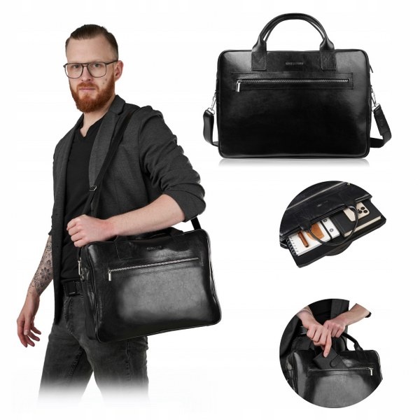 Torba na laptop z gładkiej skóry licowej Brodrene czarna