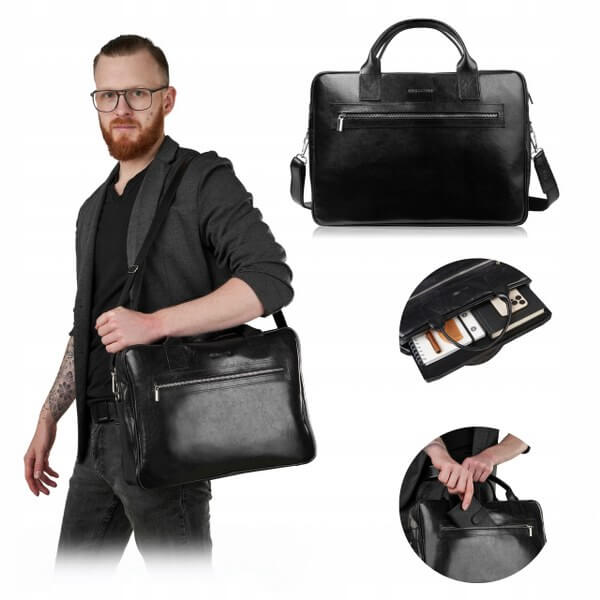 9901-BLACK,2 Torba na laptop z gładkiej skóry licowej Brodrene czarna
