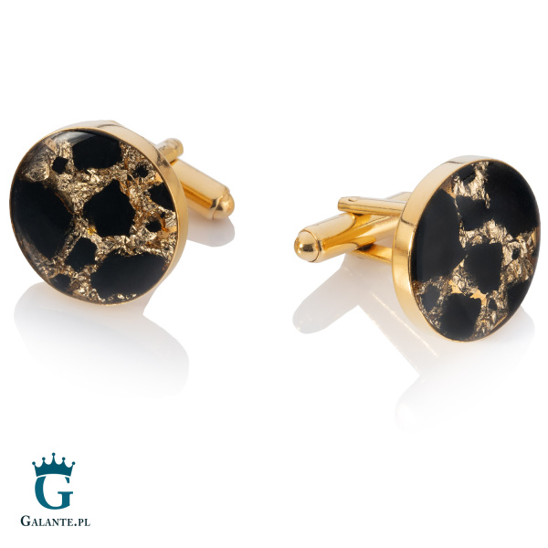 Pozłacane spinki do mankietów z węglem i płatkami srebra SMW-005Z