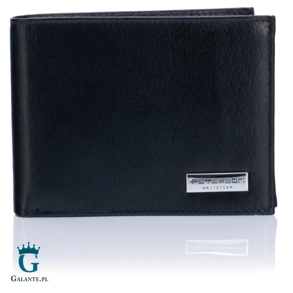 Skórzany czarny portfel męski z metalowym logo PETERSON 304-PR