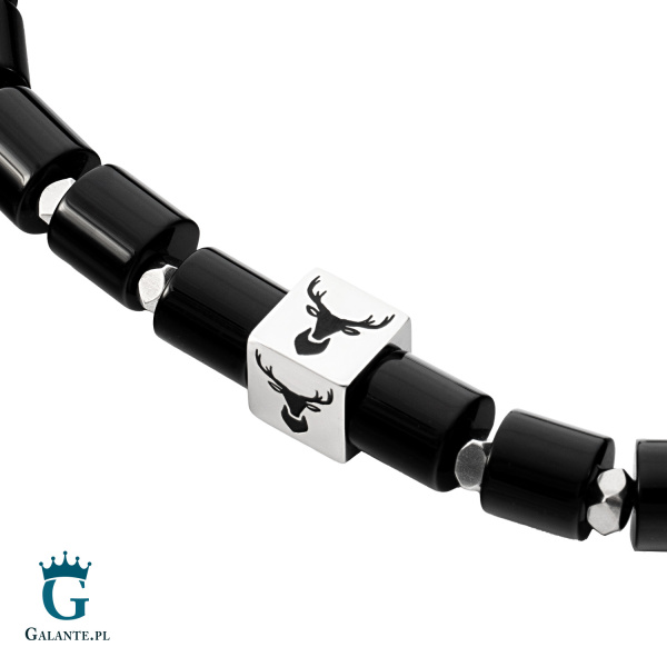 Bransoleta męska z czarnym agatem i głową jelenia B-30