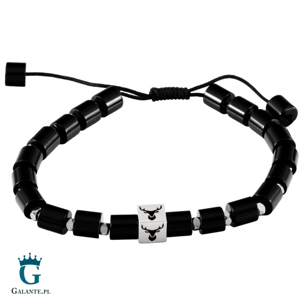 Bransoleta męska z czarnym agatem i głową jelenia B-30