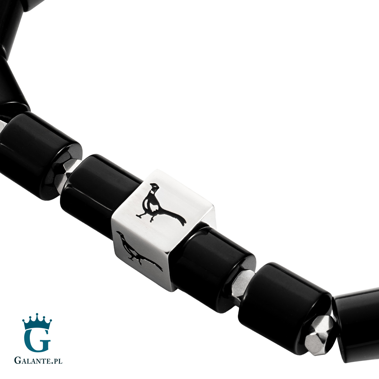 1 Bransoleta męska z czarnym agatem i grawerowanym bażantem B-29