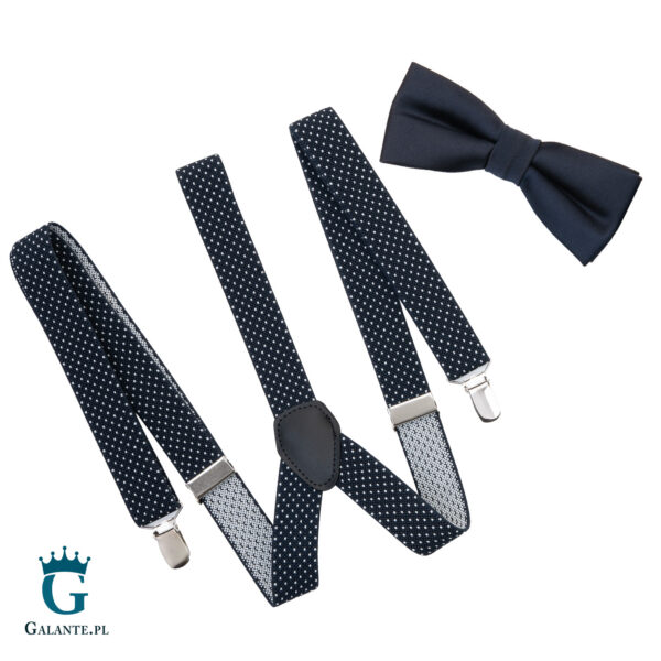 Zestaw muszka i ciemnogranatowe szelki w kropki L9803